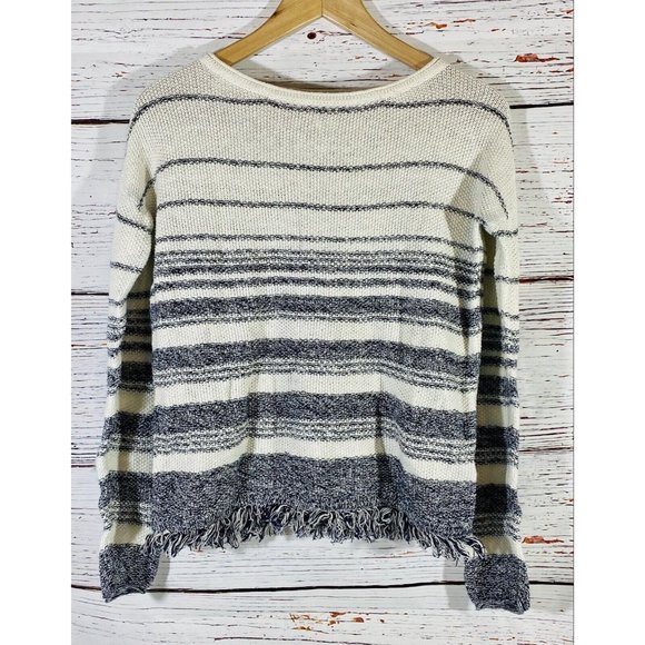 Max Studio Sweater Womens Sz Small Knit Ivory Blue Stripes Nautical Raw Hem - Picture 2 of 12